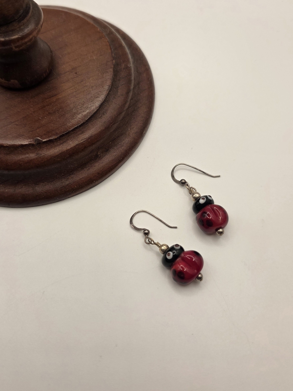 Handmade Glass Ladybug Bead Dangle Drop Hook Earrings Red & Black 1.5"